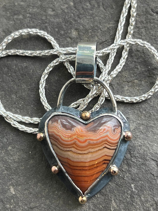 Laguna Agate Sterling & 14K Crooked Little Heart Pendant - One of a Kind Necklace