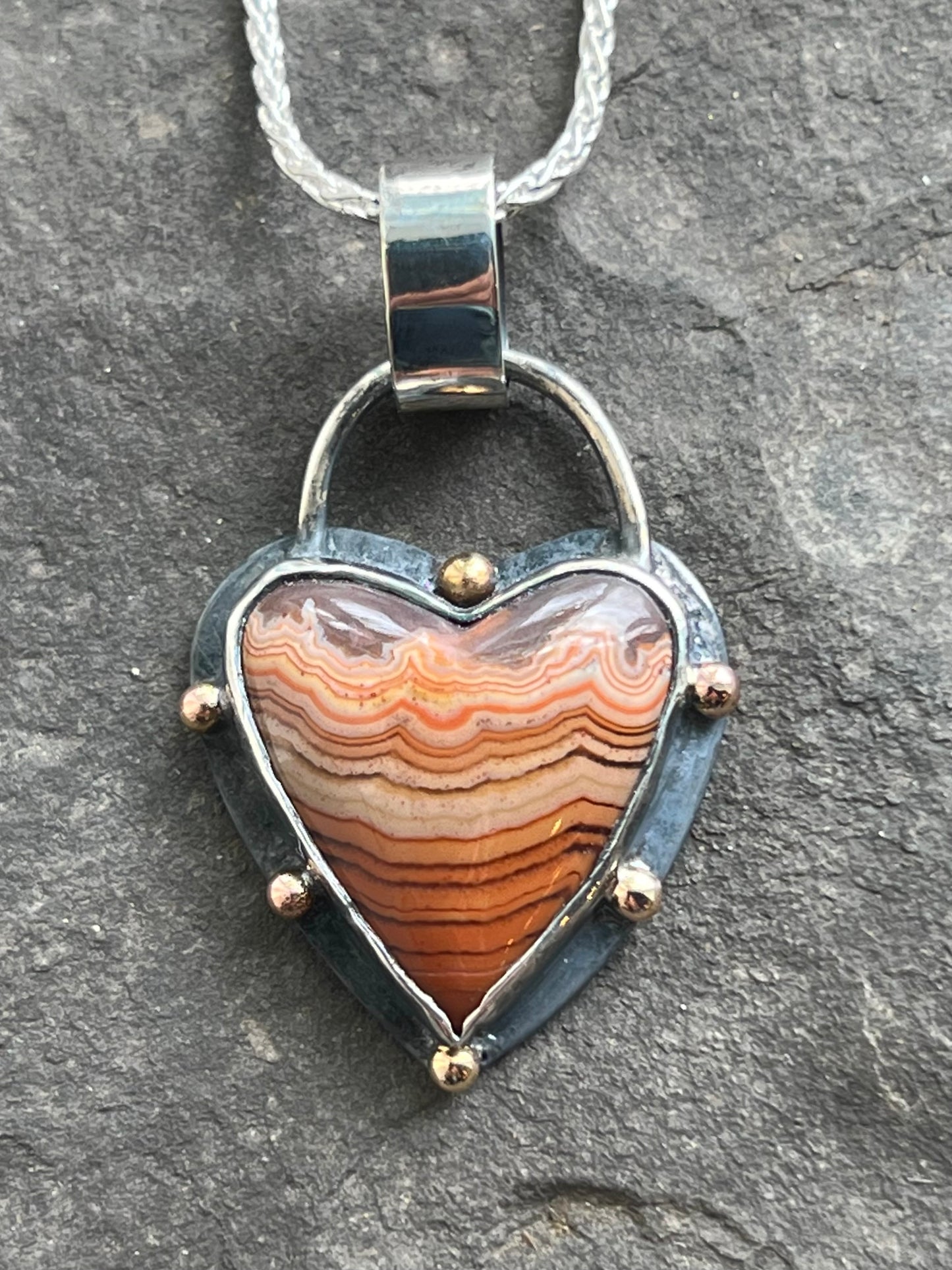 Laguna Agate Sterling & 14K Crooked Little Heart Pendant - One of a Kind Necklace