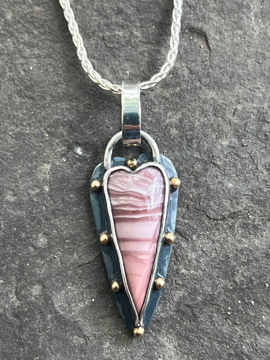 Imperial Pink Jasper Sterling & 14K Crooked Little Heart Pendant - One of a Kind Necklace