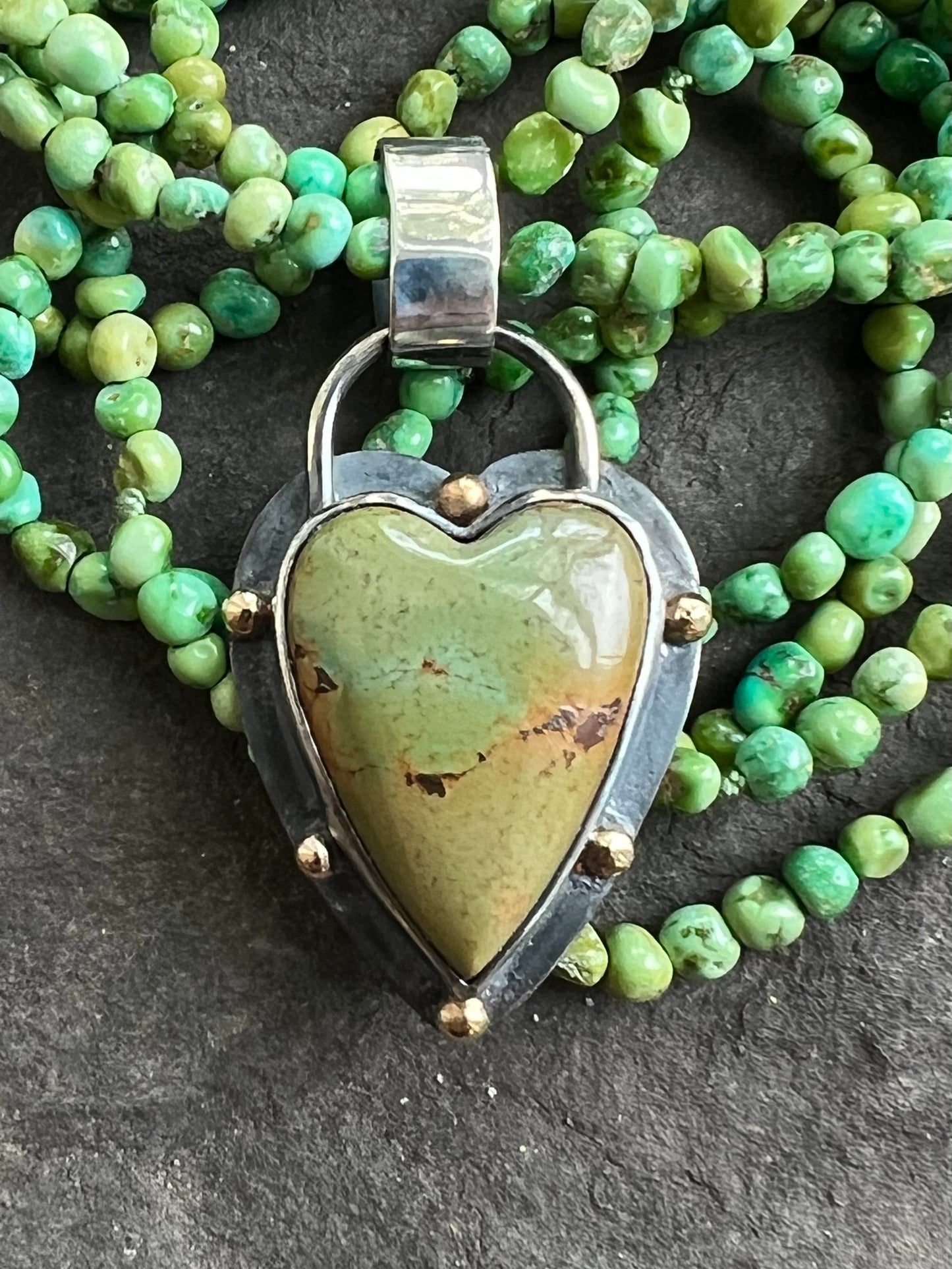 Nevada Turquoise Sterling & 14K Crooked Little Heart Pendant - One of a Kind Necklace