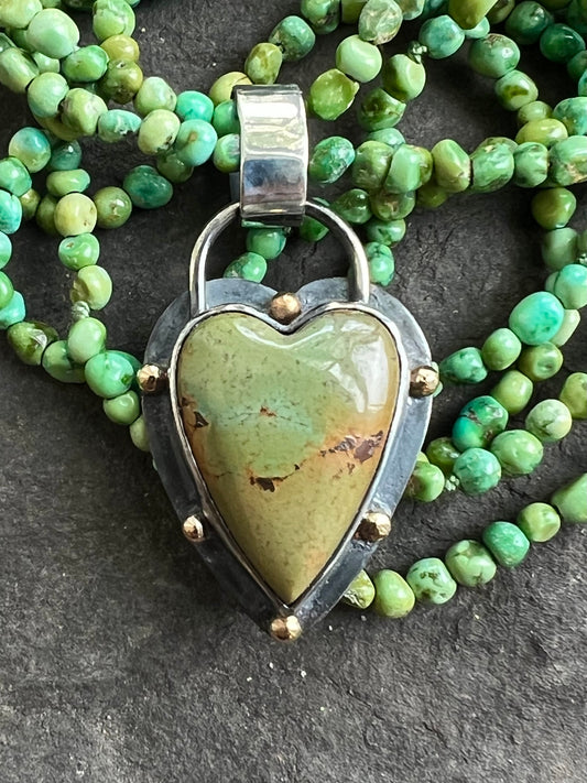 Nevada Turquoise Sterling & 14K Crooked Little Heart Pendant - One of a Kind Necklace