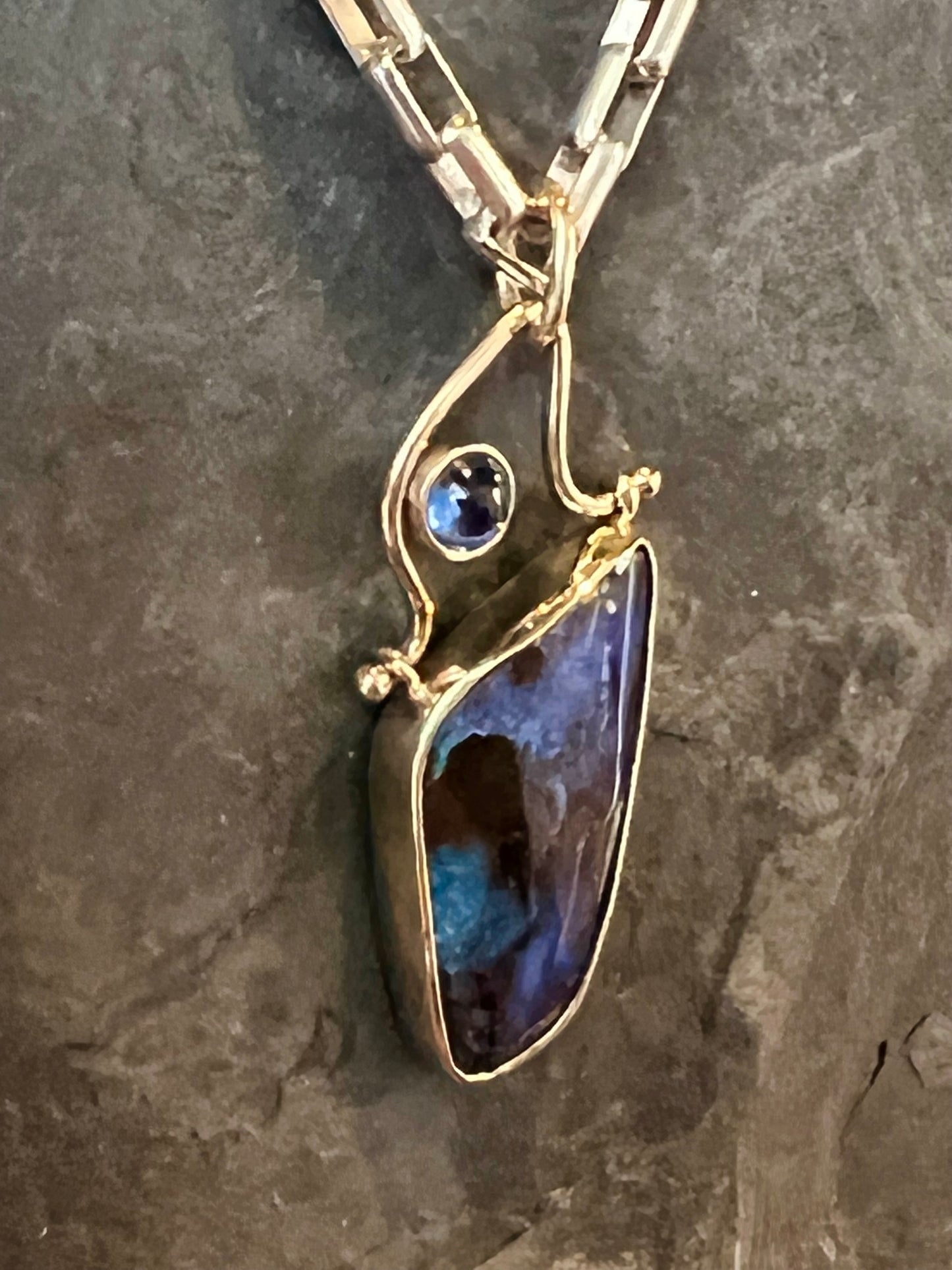 Boulder Opal & Kyanite Hinged Pendant - One of a Kind Necklace