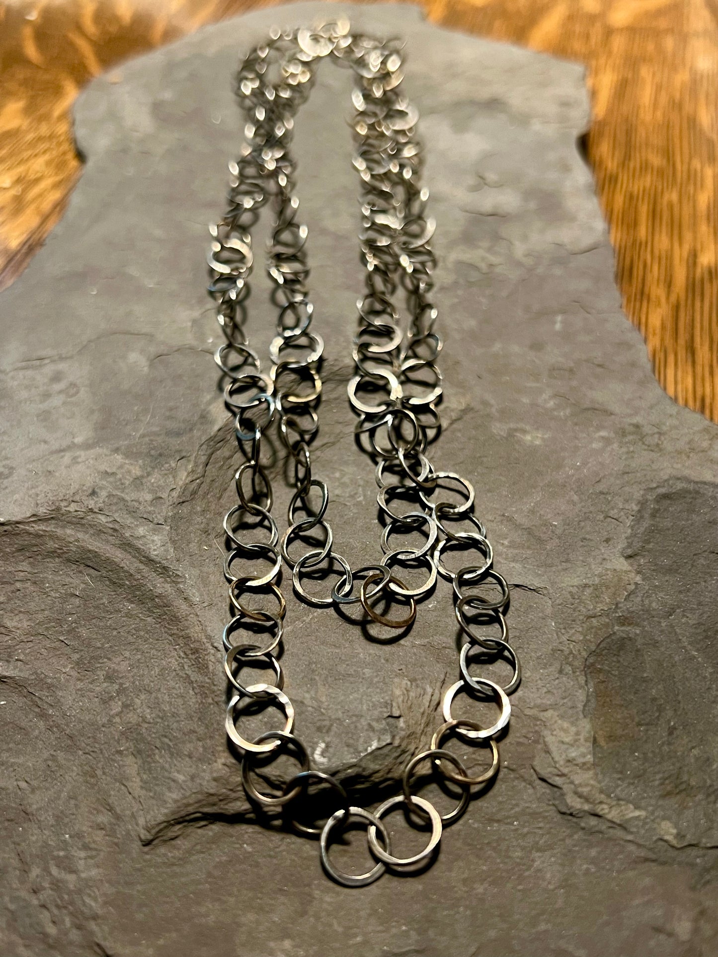 Forged Sterling Silver & 14K Circle Link Necklace 34”