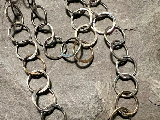 Forged Sterling Silver & 14K Circle Link Necklace 34”