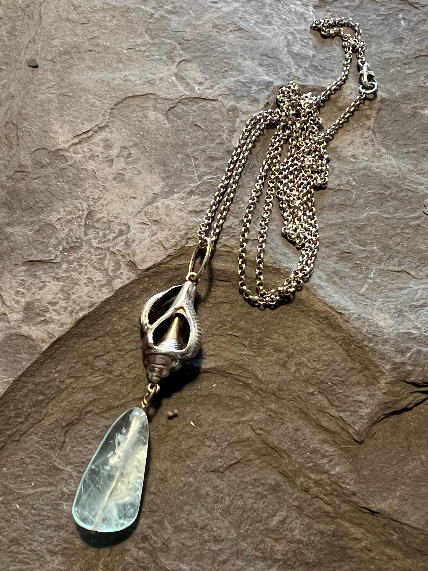 Eroded Conch Spiral with Aquamarine - Salt Series Necklace