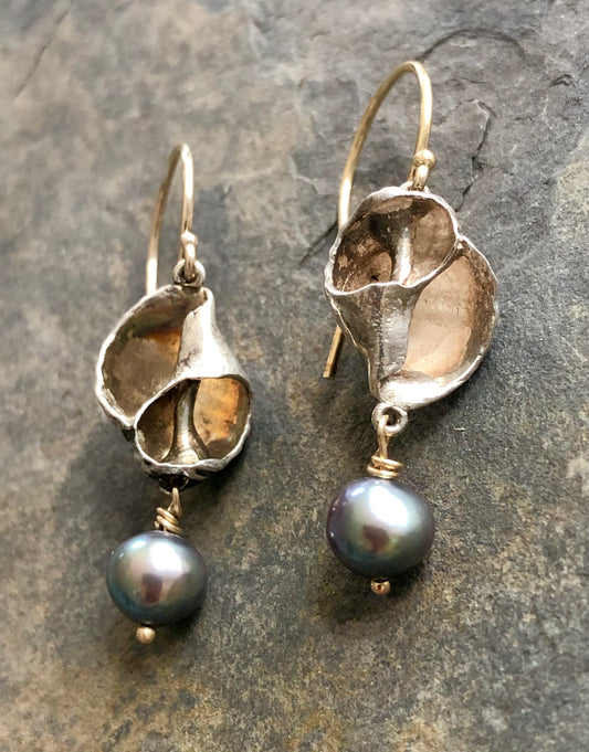Small Eroded Conch Sterling & 14K Earrings with Freshwater Pearl - Salt Series