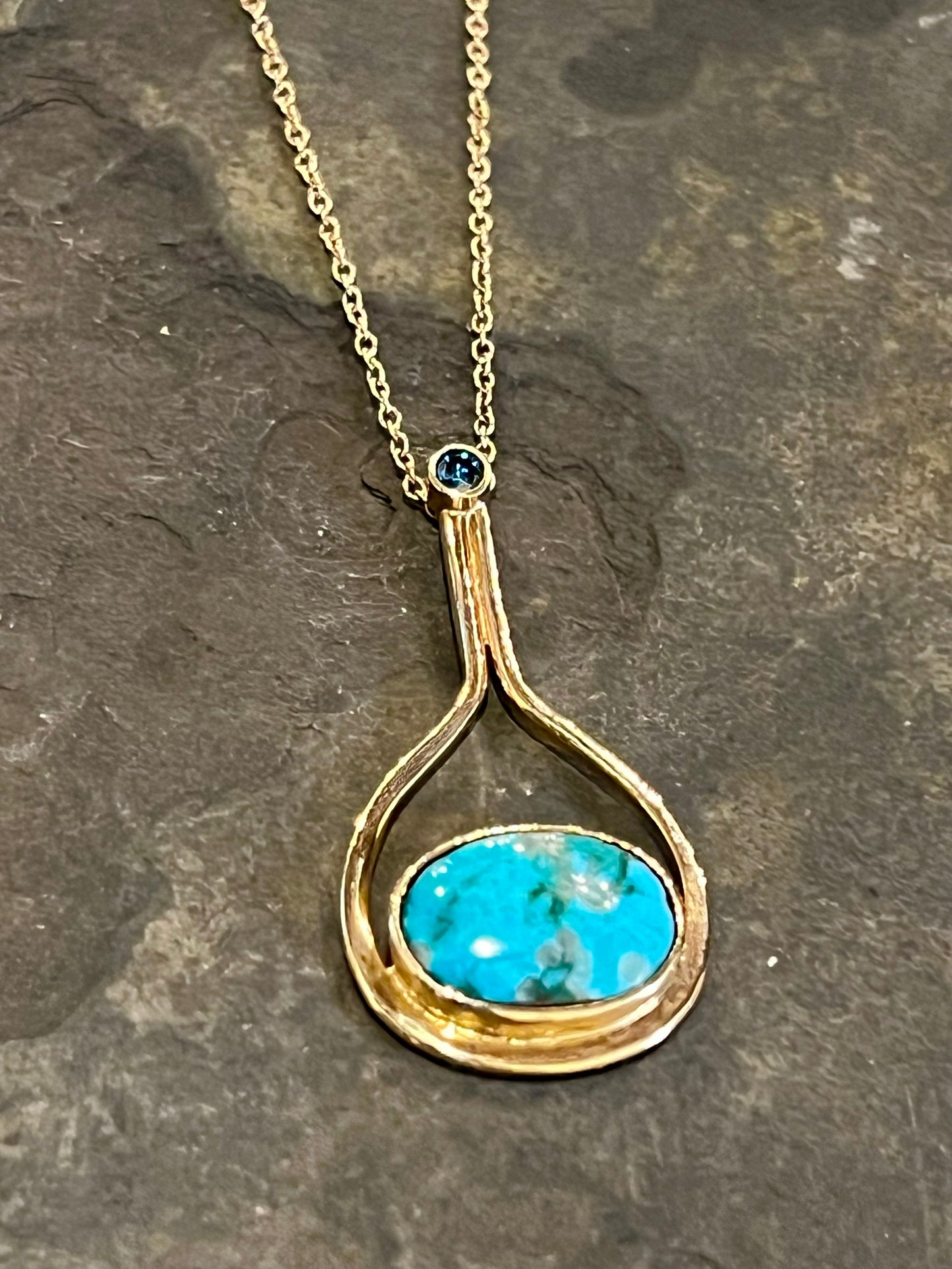 Forged 14K Droplet with Turquoise & Blue Green Diamond - One of a Kind Necklace