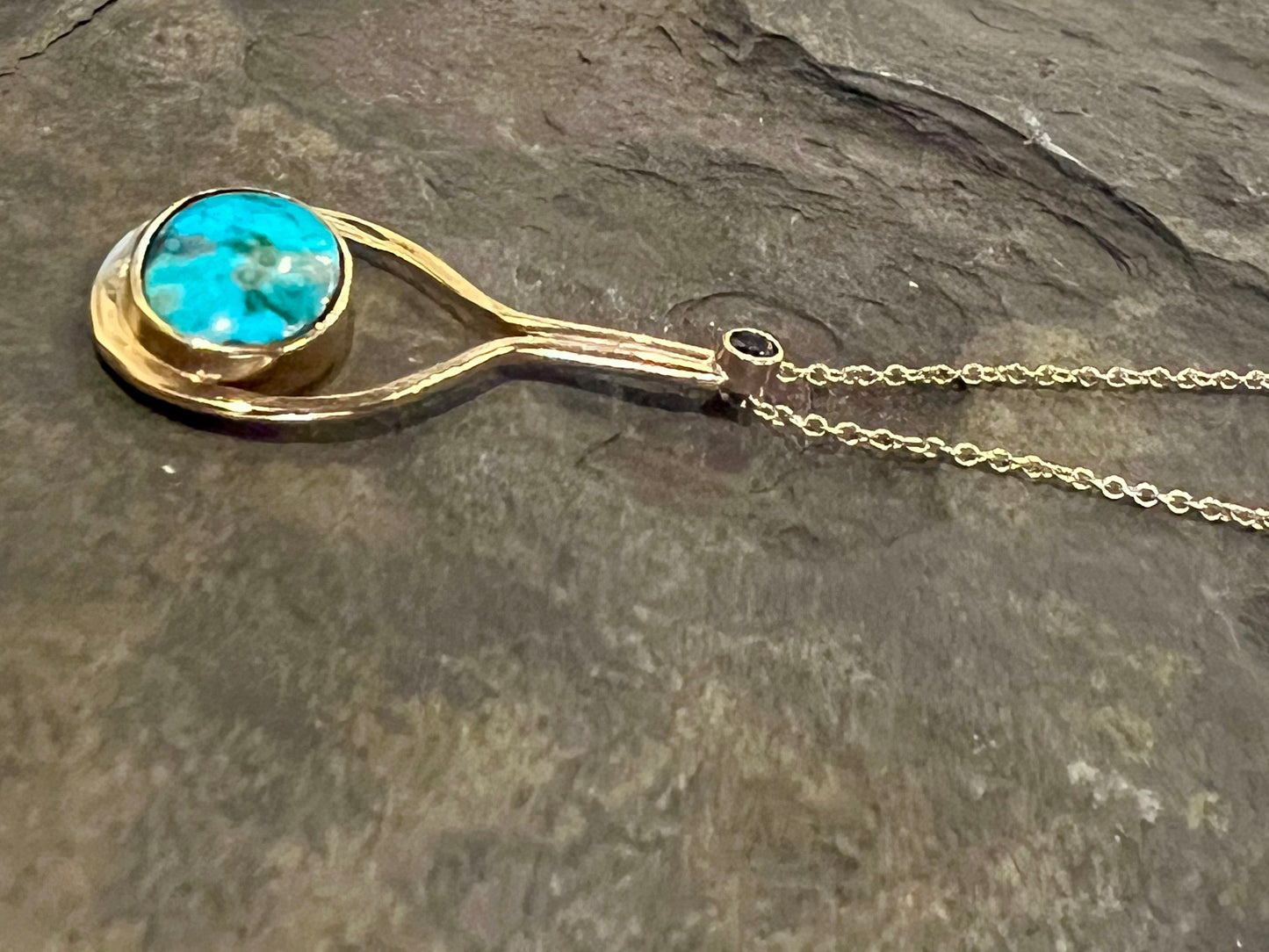 Forged 14K Droplet with Turquoise & Blue Green Diamond - One of a Kind Necklace