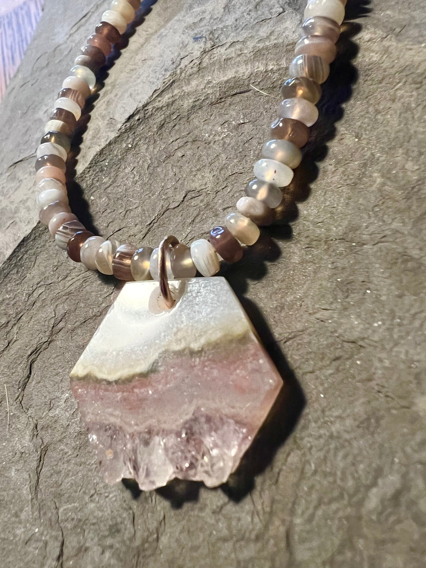 Druzy Rose Quartz Slab Pendant - One of a Kind Necklace
