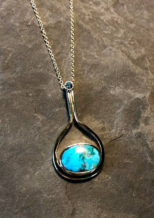 Forged 14K Droplet with Turquoise & Blue Green Diamond - One of a Kind Necklace