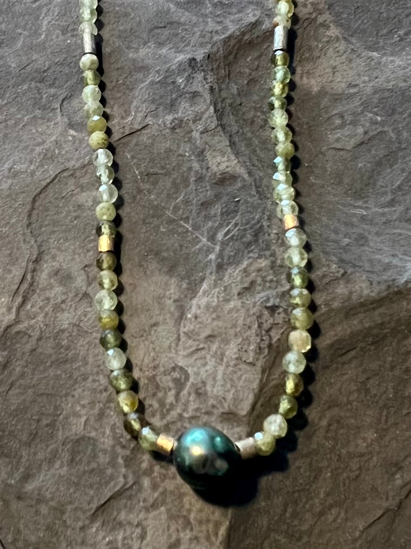 Green Garnet Tahitian Pearl 14K Strand - Minimalist Necklace