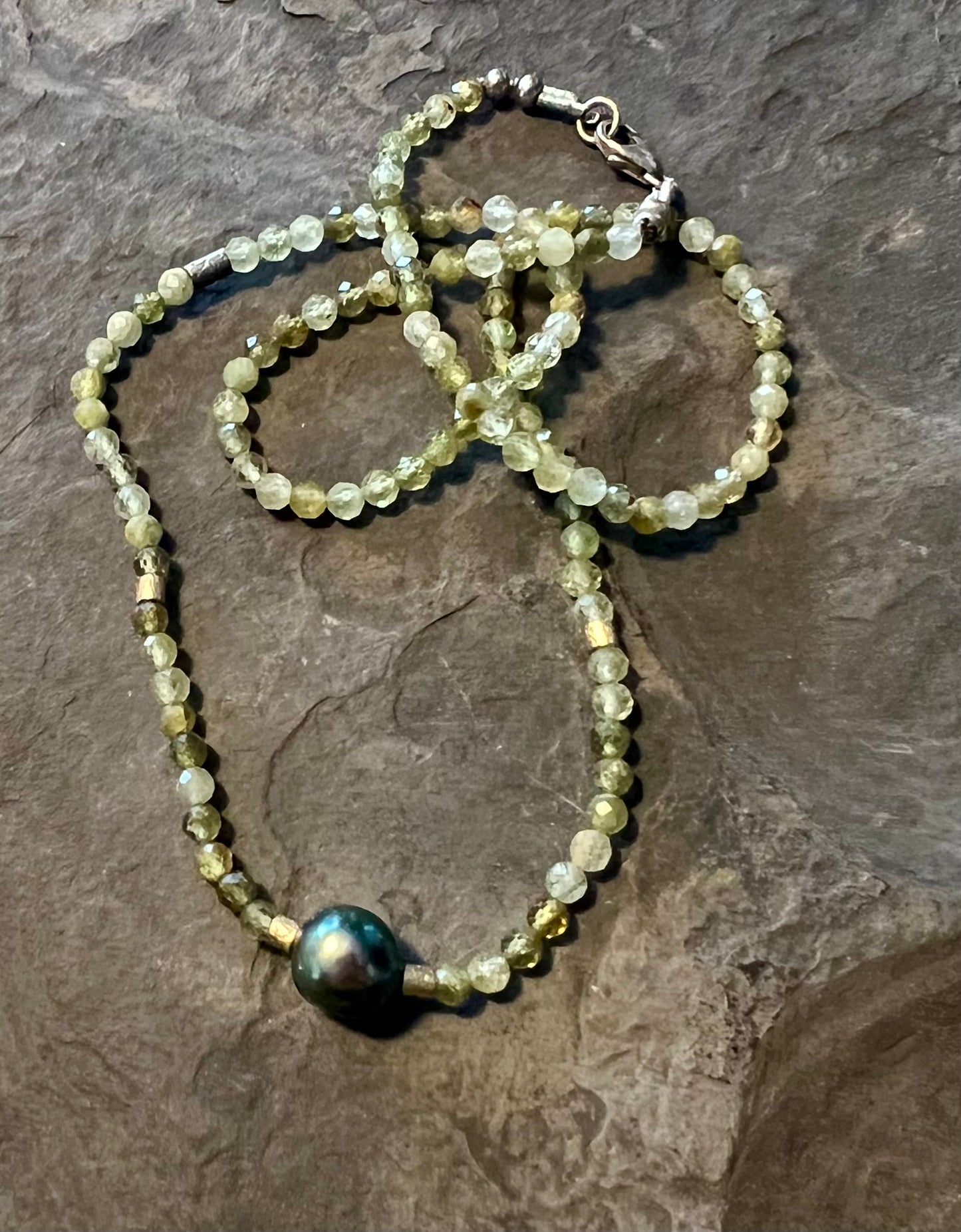 Green Garnet Tahitian Pearl 14K Strand - Minimalist Necklace