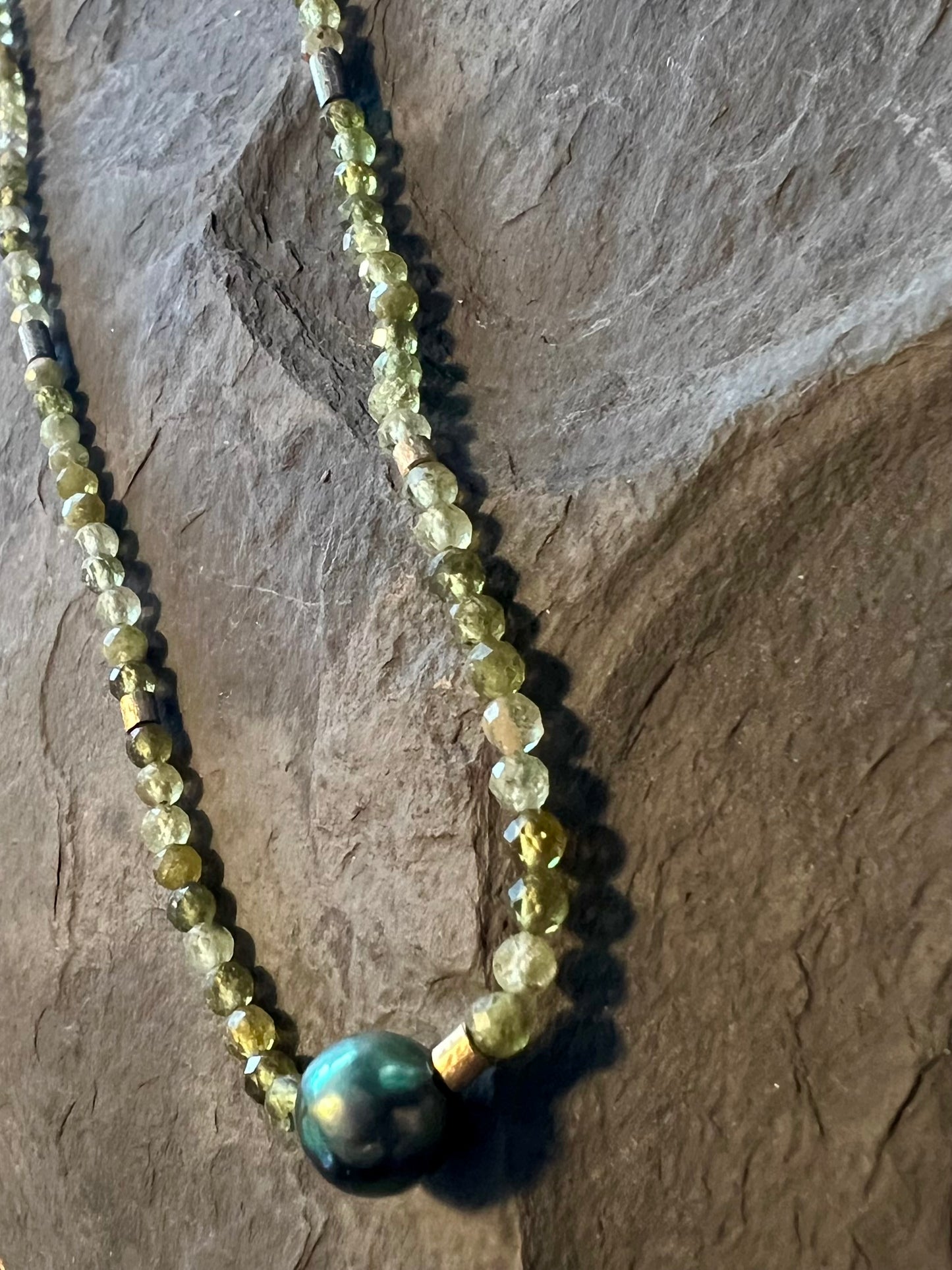 Green Garnet Tahitian Pearl 14K Strand - Minimalist Necklace