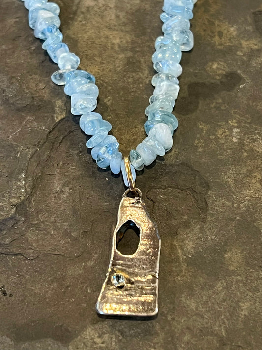 Gulf Relic Sterling Shell Fragment Talisman with Aquamarine Necklace - Salt Series