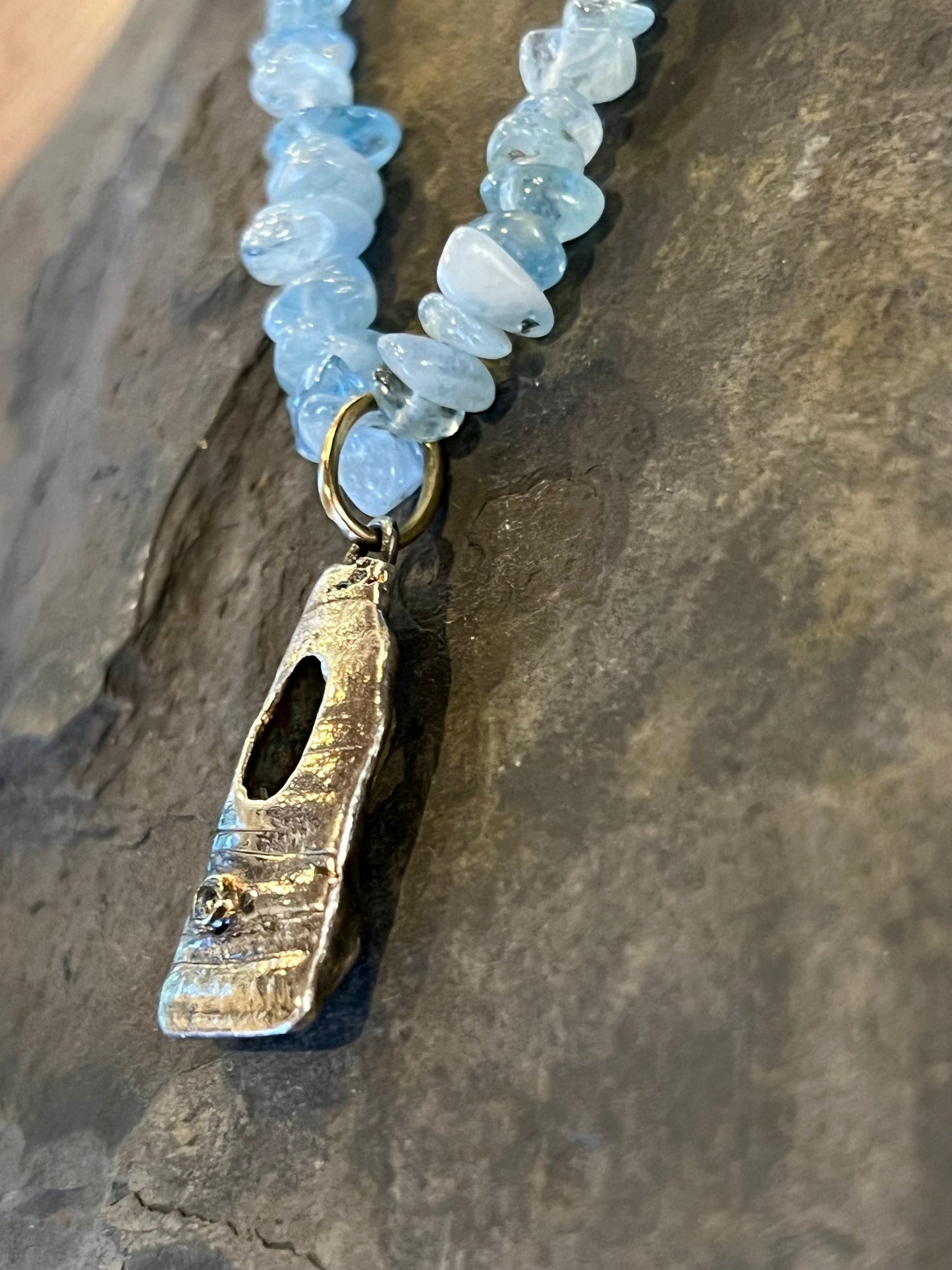 Gulf Relic Sterling Shell Fragment Talisman with Aquamarine Necklace - Salt Series