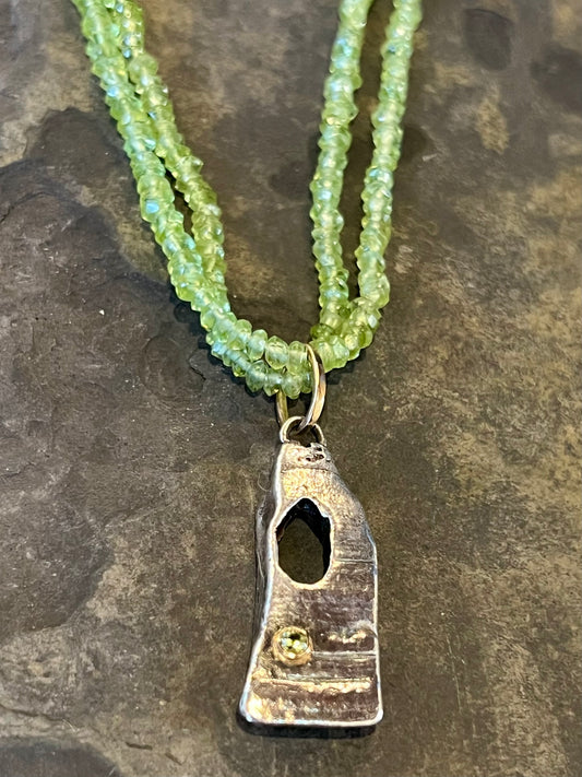 Gulf Relic Sterling Shell Fragment Talisman with Peridot Necklace- Salt Series