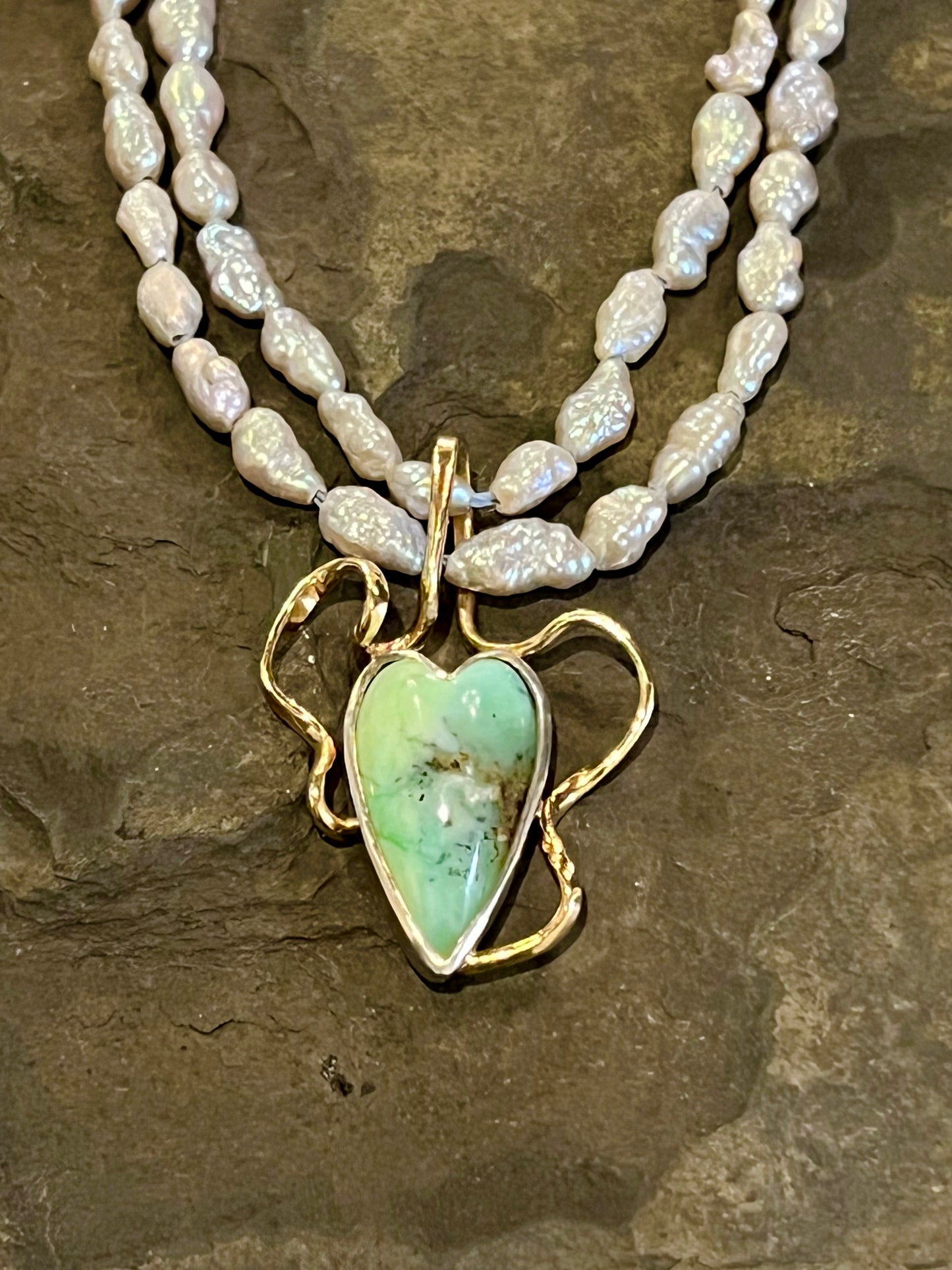 Forged Ribbon Set Chrysoprase Heart - One of a Kind Necklace