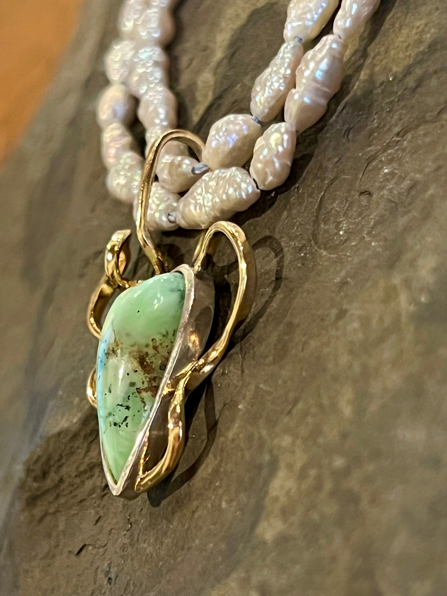 Forged Ribbon Set Chrysoprase Heart - One of a Kind Necklace