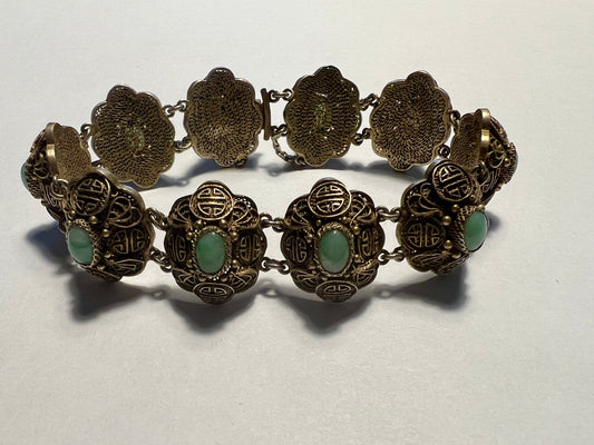 Estate Chinese Apple Jade Handmade Filigree Bracelet