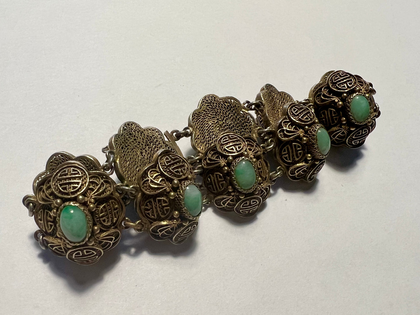 Estate Chinese Apple Jade Handmade Filigree Bracelet