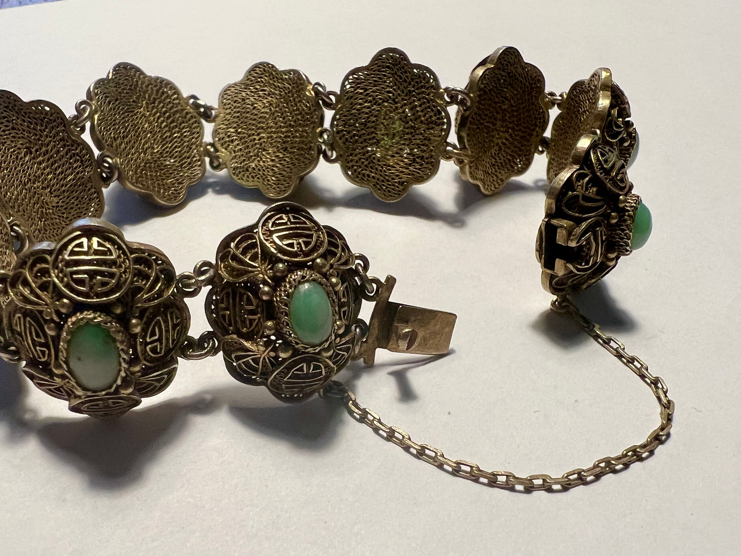 Estate Chinese Apple Jade Handmade Filigree Bracelet