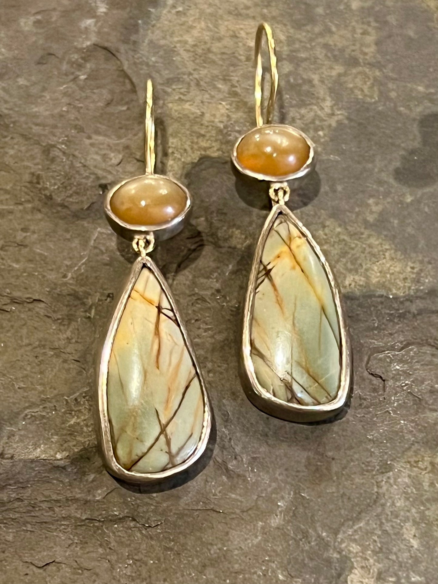 Moonstone & Jasper Sterling & 14K Dangle Earrings - One of a Kind Earrings