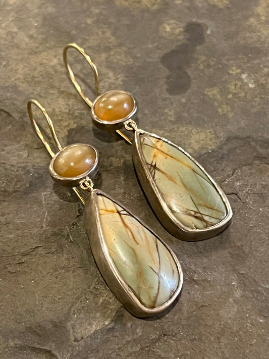 Moonstone & Jasper Sterling & 14K Dangle Earrings - One of a Kind Earrings