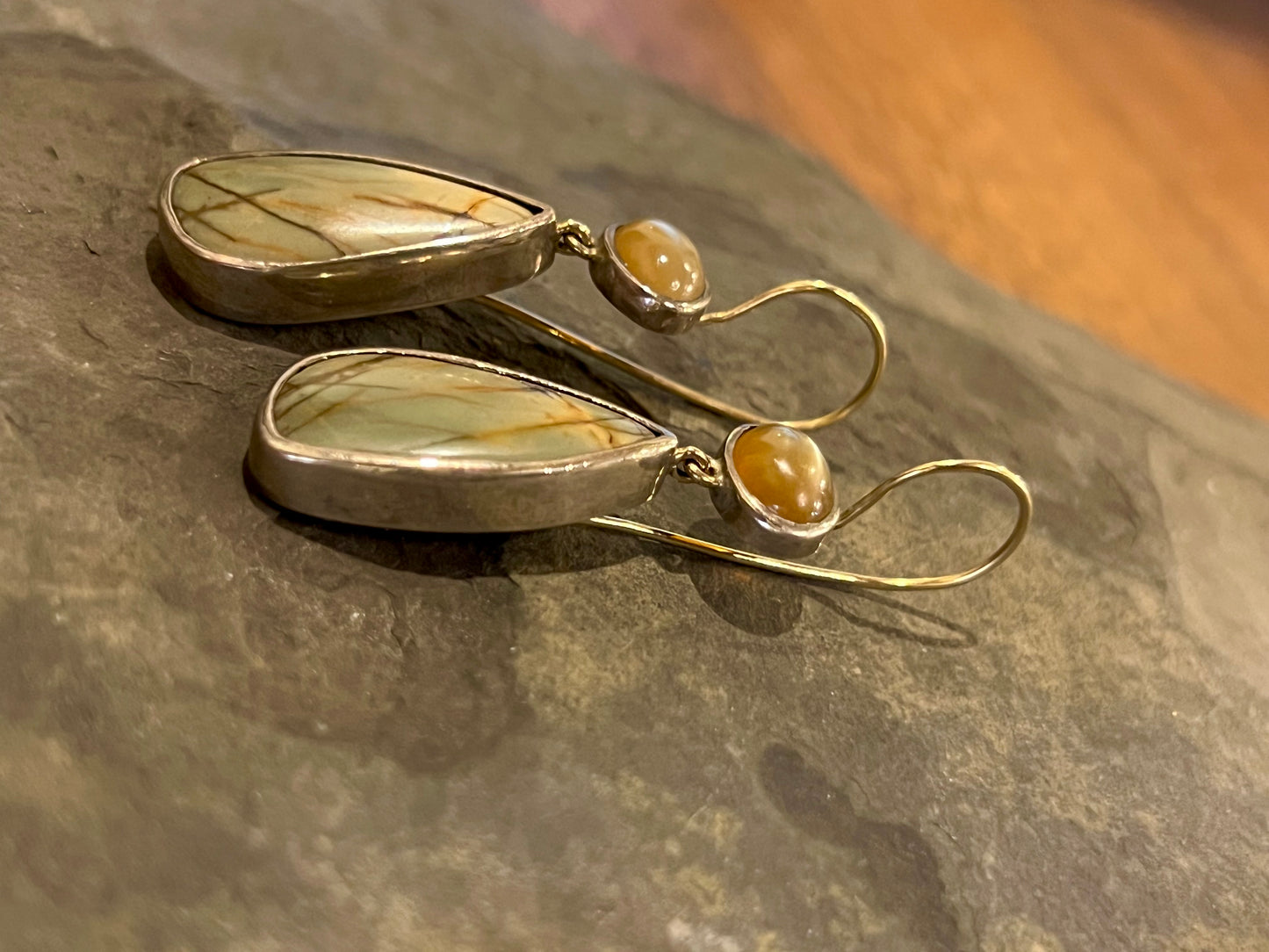 Moonstone & Jasper Sterling & 14K Dangle Earrings - One of a Kind Earrings