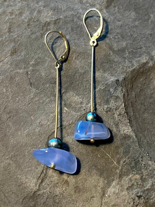 14K Linear Dangle with Turkish Blue Chalcedony - Minimalist Earrings