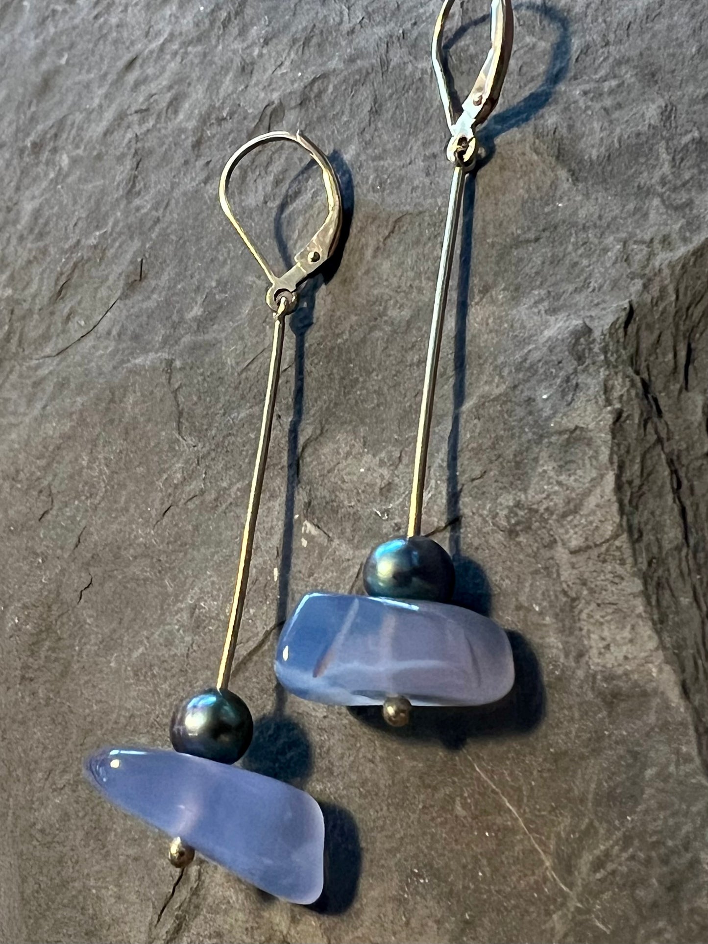 14K Linear Dangle with Turkish Blue Chalcedony - Minimalist Earrings