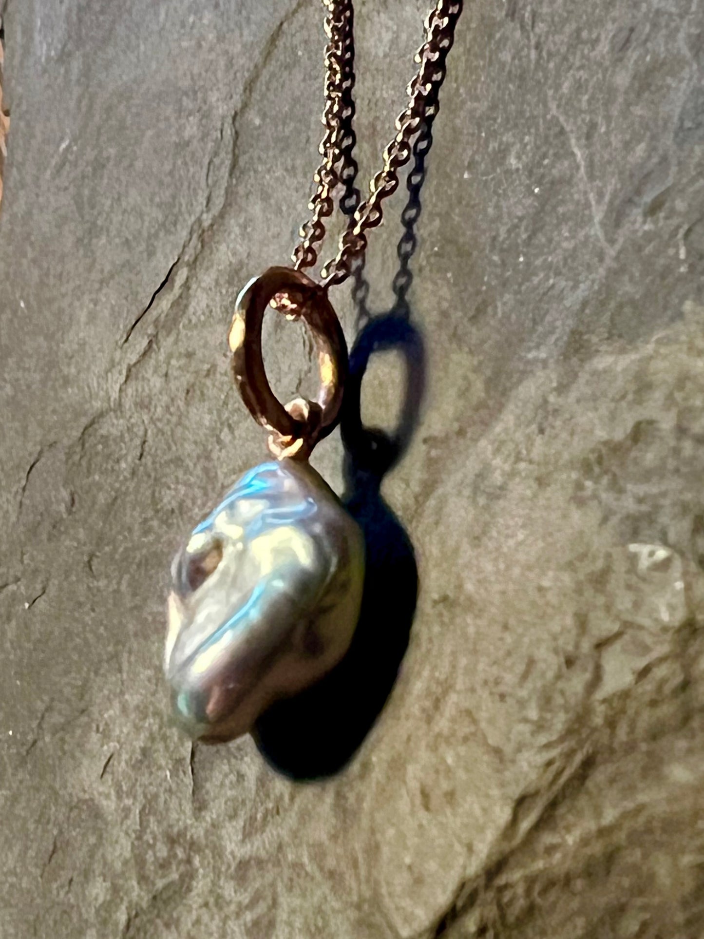 Metallic Iridescent Pearl 14K Rose Gold - One of a Kind Minimalist Necklace