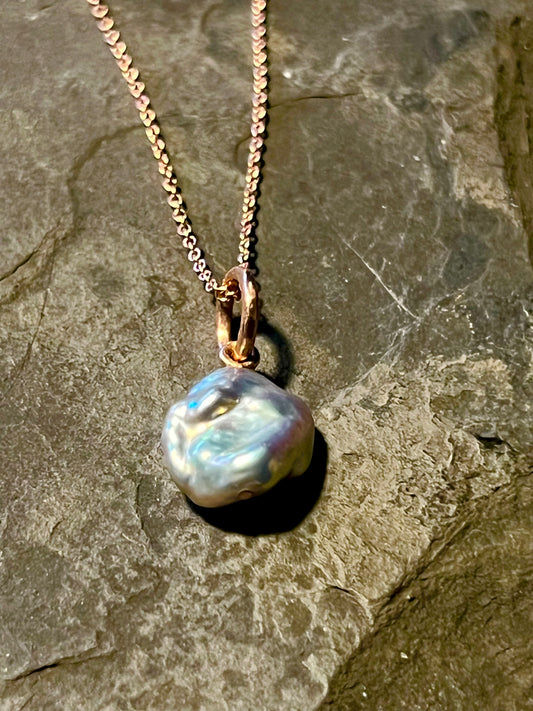 Metallic Iridescent Pearl 14K Rose Gold - One of a Kind Minimalist Necklace
