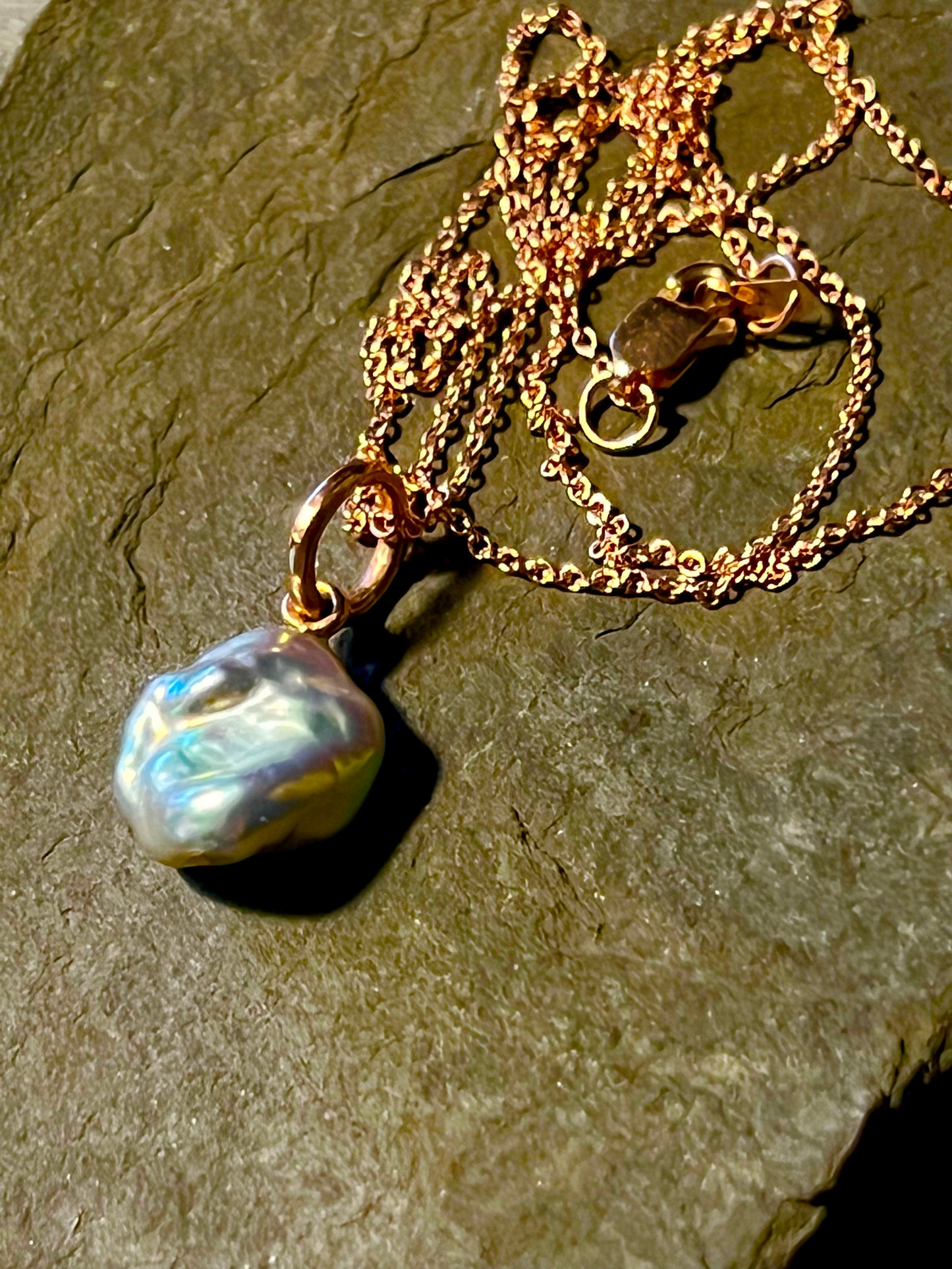 Metallic Iridescent Pearl 14K Rose Gold - One of a Kind Minimalist Necklace