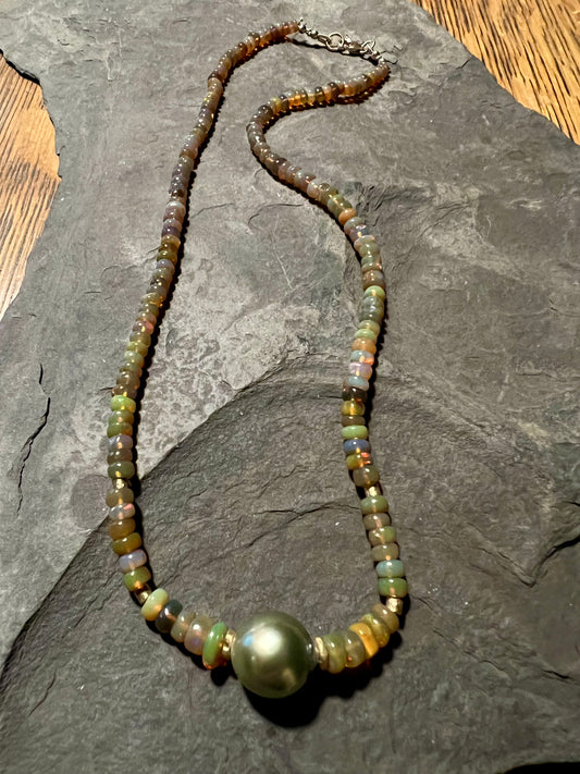 Opal and Tahitian Pearl 14K Choker - One of a Kind Necklace