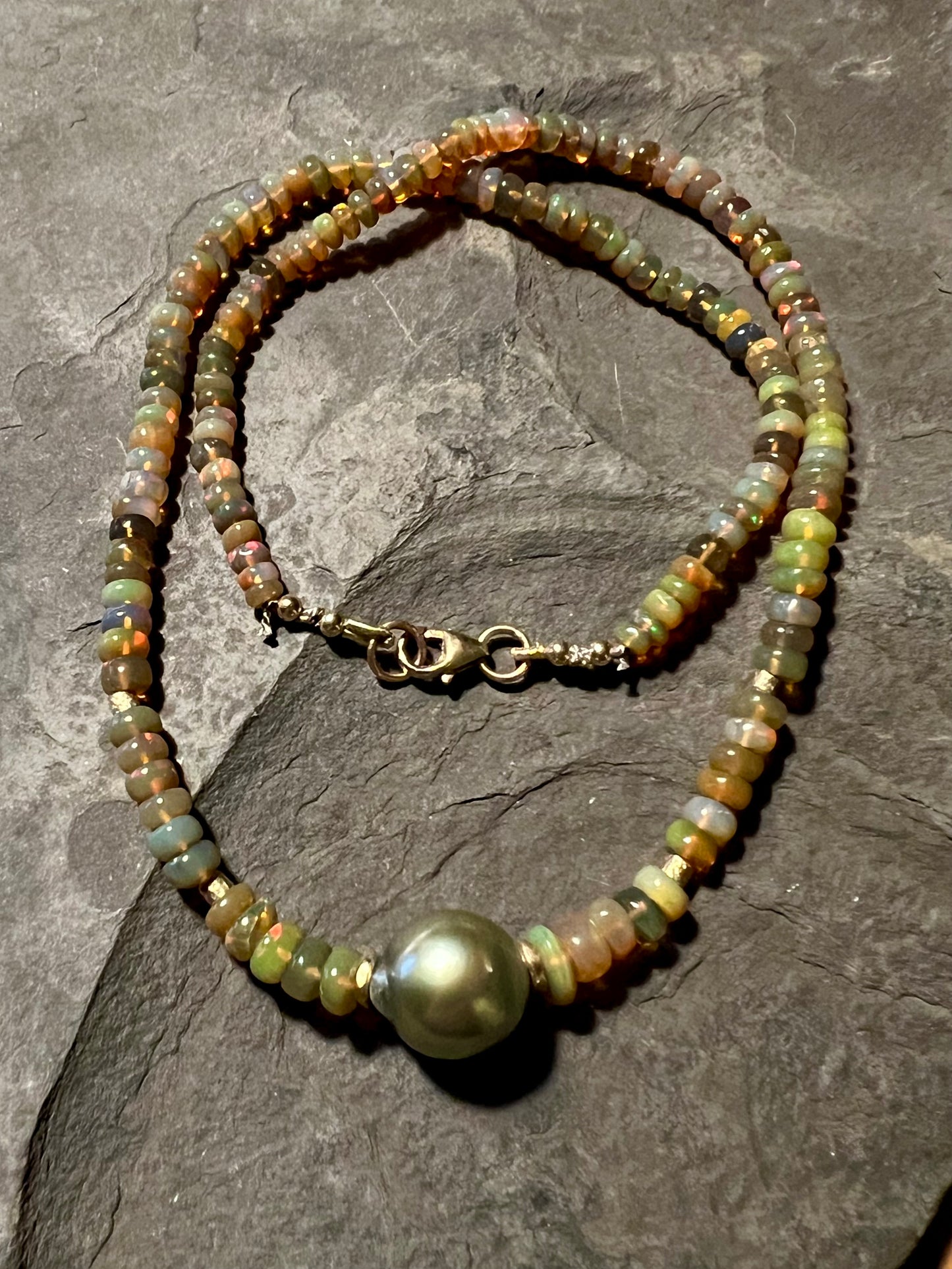 Opal and Tahitian Pearl 14K Choker - One of a Kind Necklace