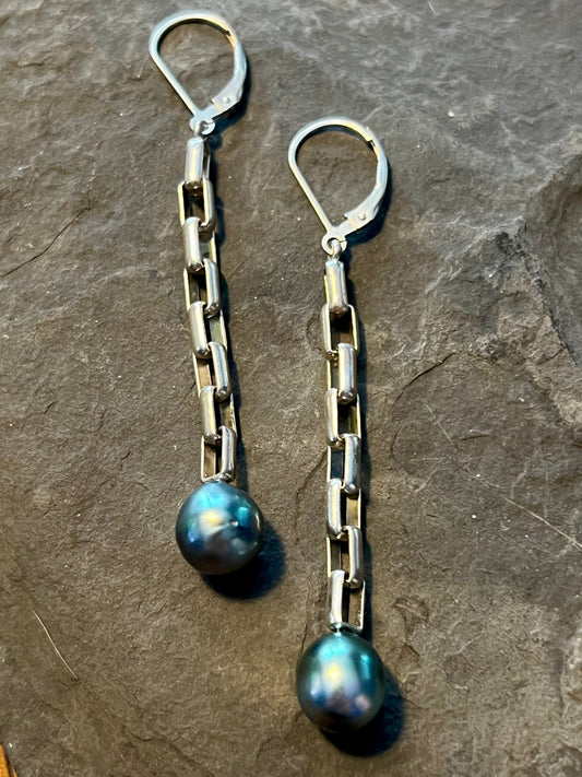 Peacock Tahitian Pearl Sterling Chain Dangle - Minimalist Earrings