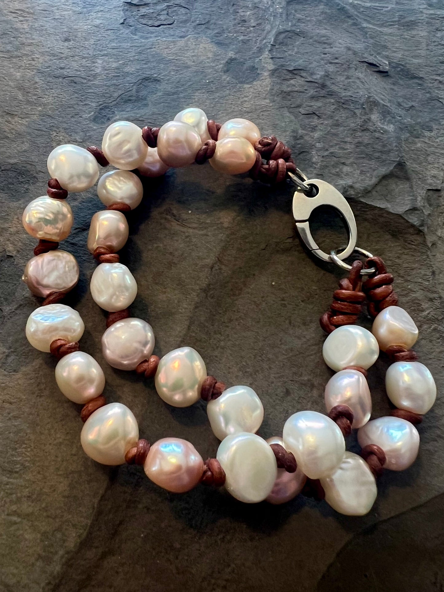 Freshwater Pearls on Leather Bracelet
