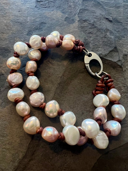 Freshwater Pearls on Leather Bracelet