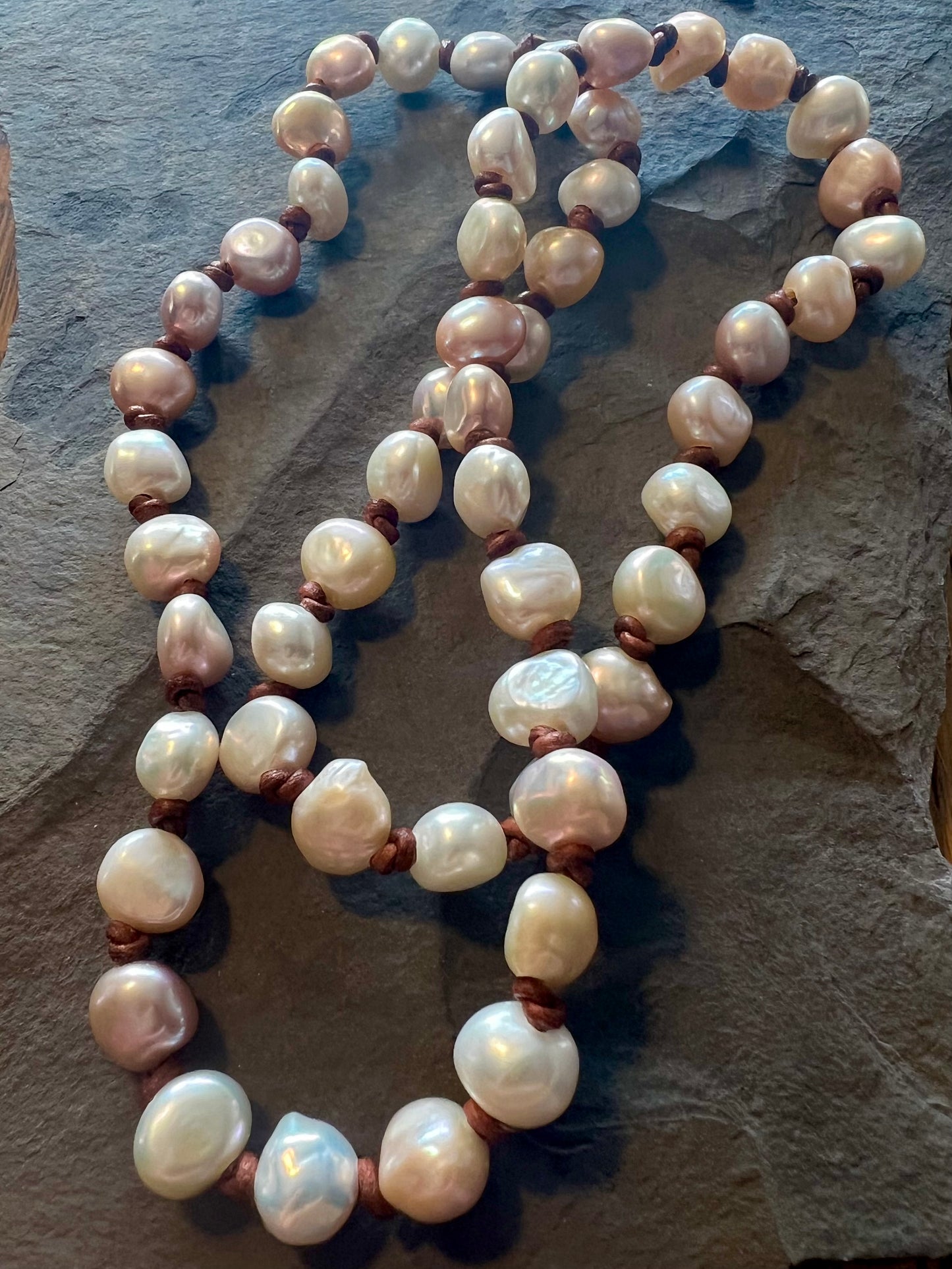 Freshwater Pearls Knotted on Leather Necklace 24”