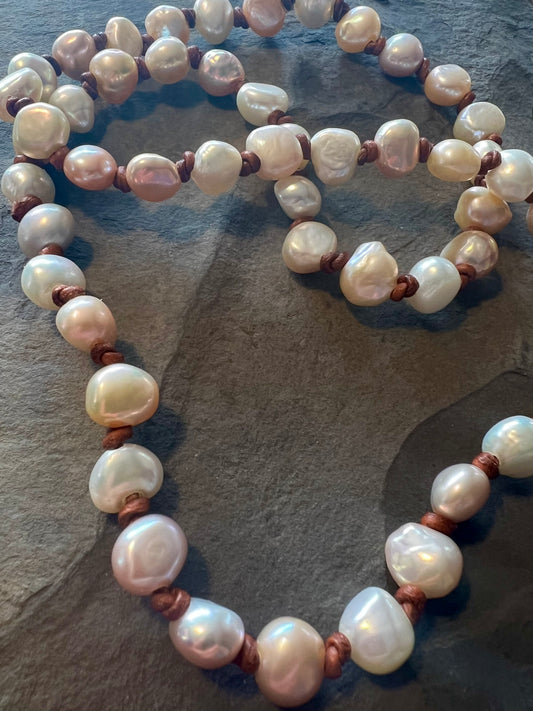 Freshwater Pearls Knotted on Leather Necklace 24”