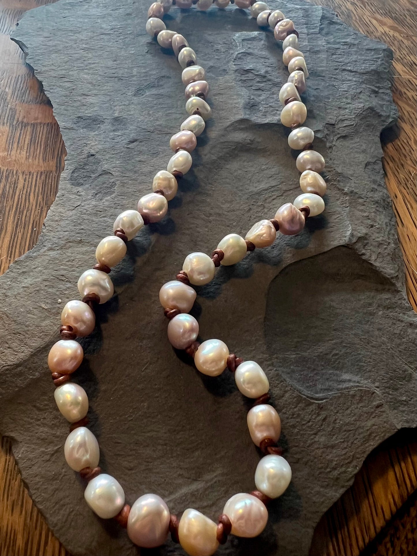 Freshwater Pearls Knotted on Leather Necklace 24”