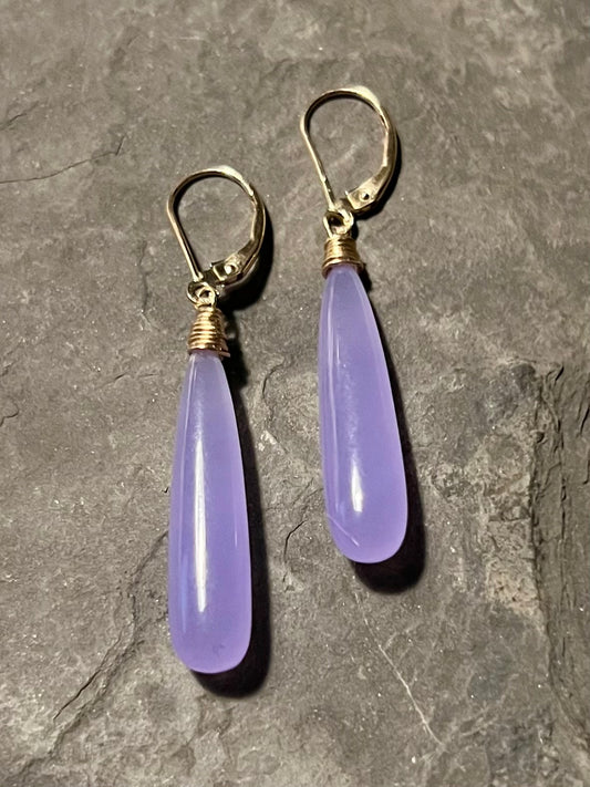 Purple Chalcedony Dangle - Minimalist Earrings 14K