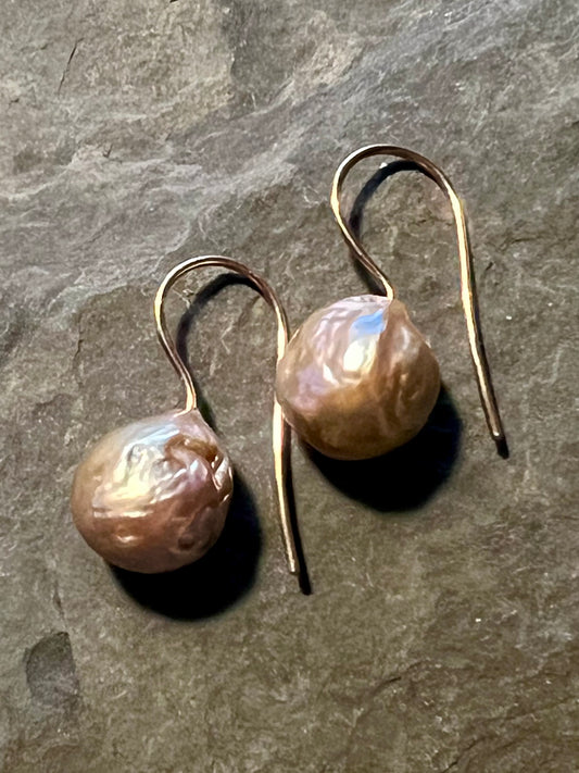 Iridescent Pink Baroque Pearl 14K Demi- Dangle - Minimalist Earrings