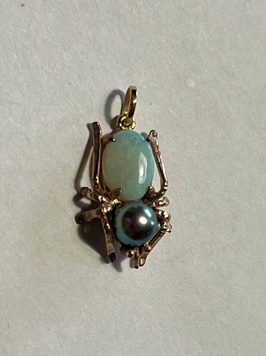 Upcycled Victorian 14 K Opal & Tahitian Pearl Spider Pendant