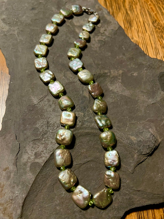 Metallic Pillow Pearl with Peridot Strand - One of a Kind Necklace