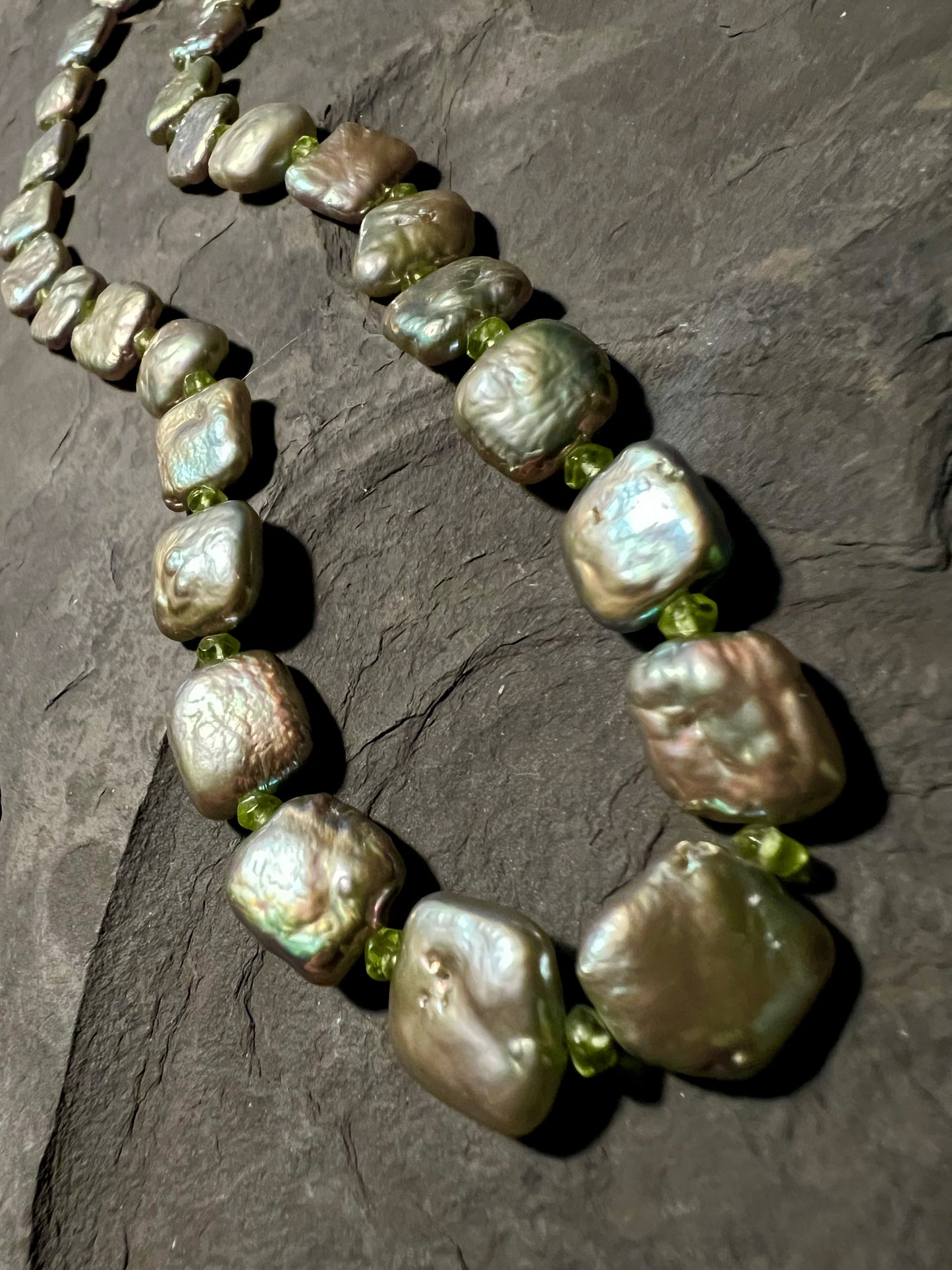 Metallic Pillow Pearl with Peridot Strand - One of a Kind Necklace