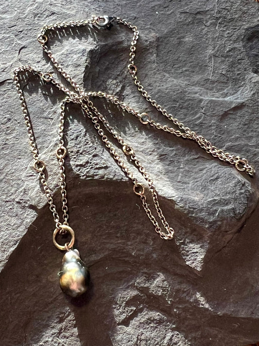 Peacock Tahitian Pearl Drop - Sterling & 14K Minimalist Necklace