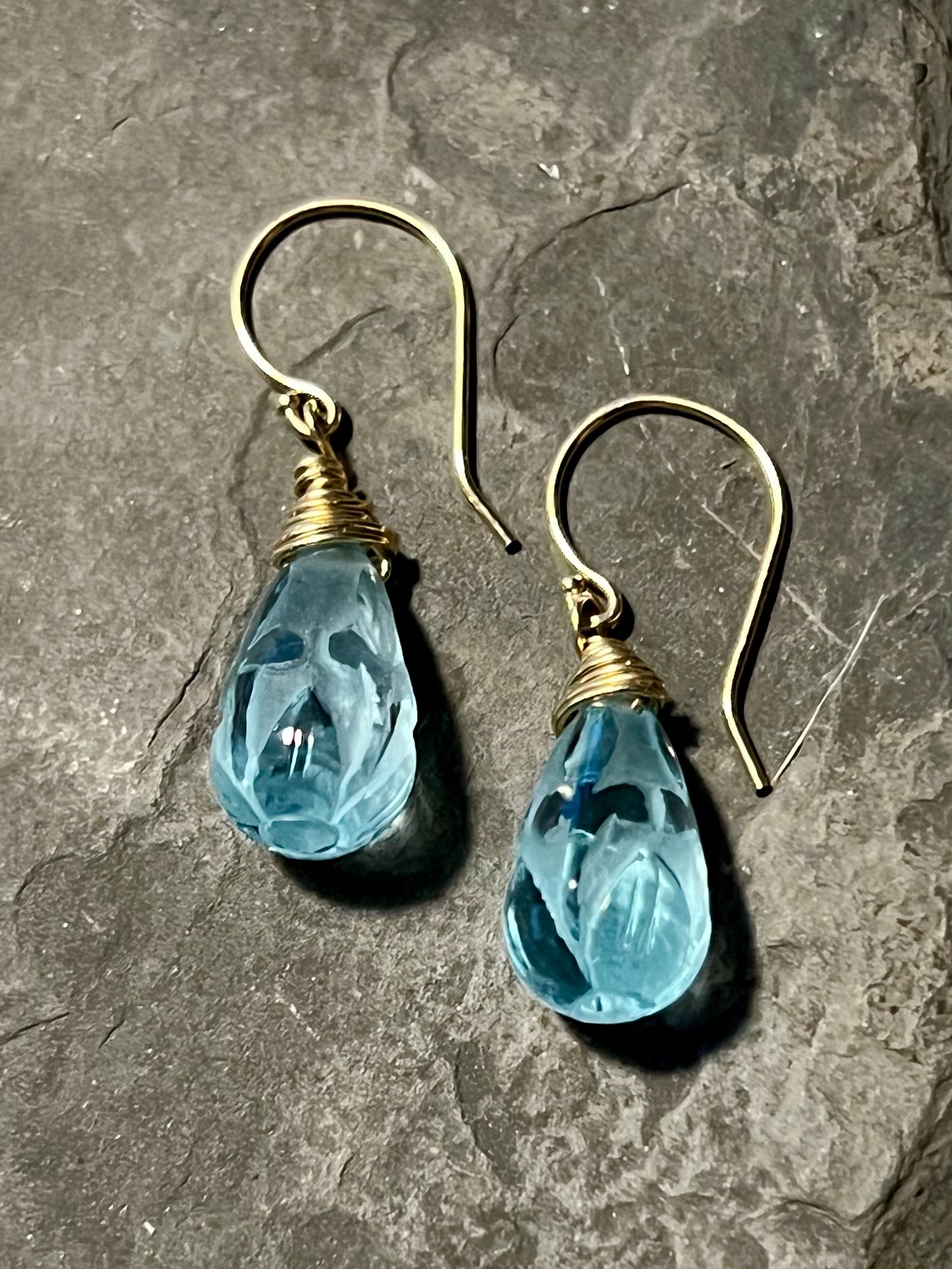 Iris Carved Blue Topaz 14K Dangle - One of a Kind Earring