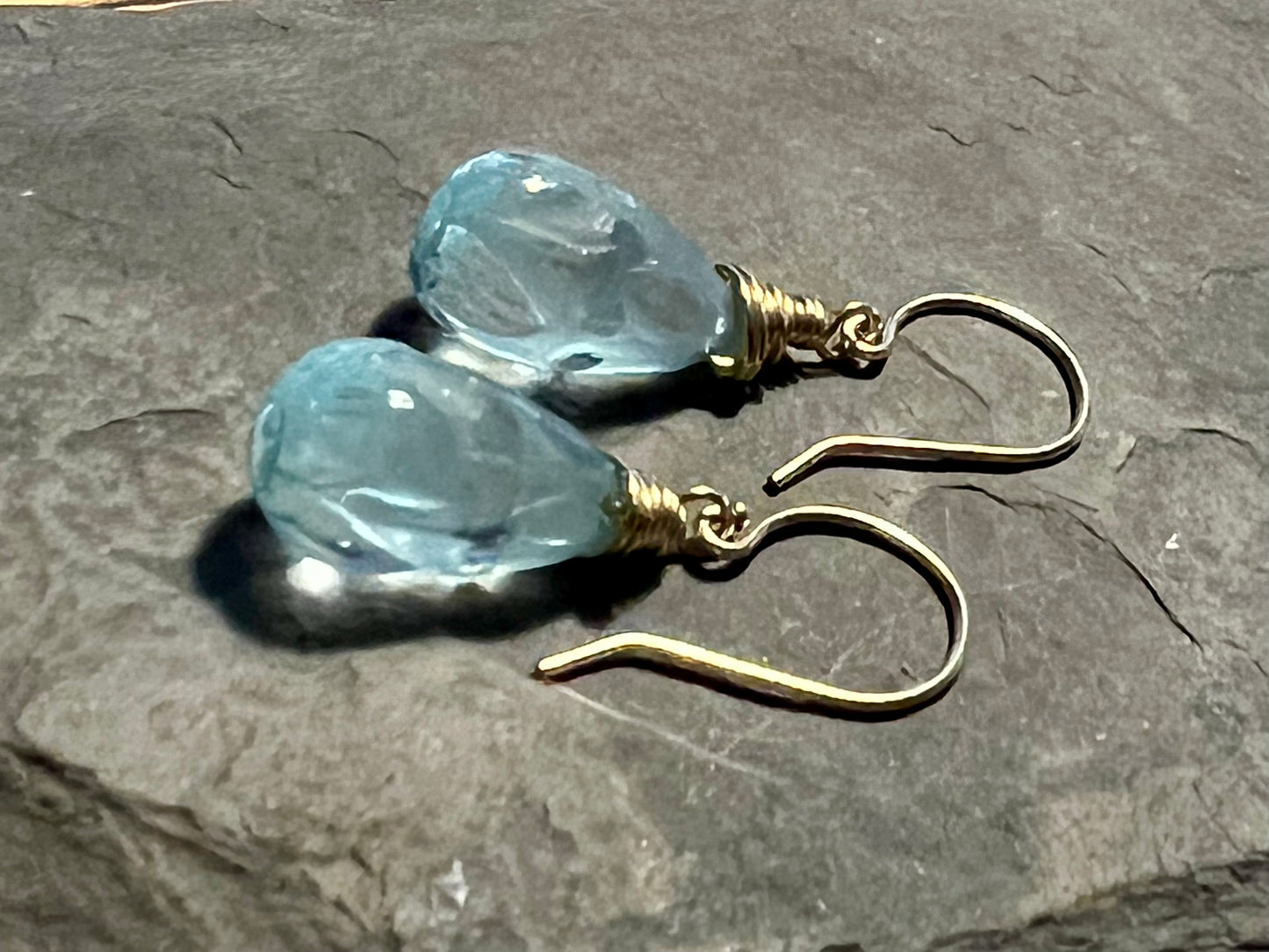 Iris Carved Blue Topaz 14K Dangle - One of a Kind Earring
