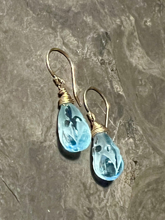 Iris Carved Blue Topaz 14K Dangle - One of a Kind Earring